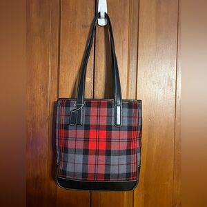 Y2K Vintage Coach Red Gray Plaid Wool Tote 6753 Black Leather Shoulder Bag Rare